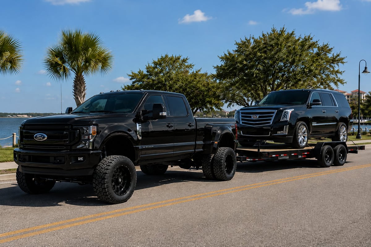 Black Ford pickup truck towing a black Cadillac SUV on a waterfront road lined with palm trees