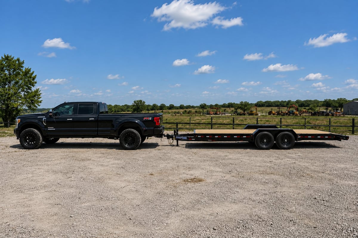 Black pickup truck towing a flatbed trailer on a rural gravel road under blue sky