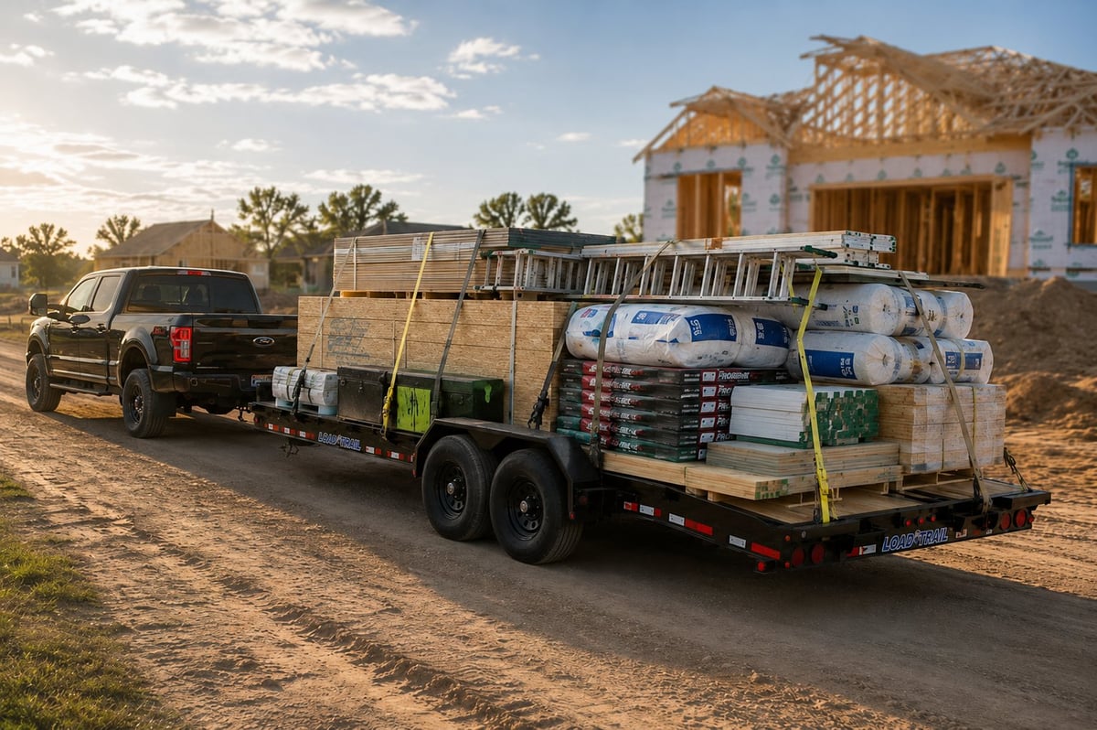Black pickup truck towing a flatbed trailer loaded with building materials and supplies at a residential construction site