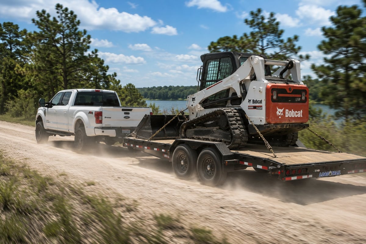 White pickup truck towing a flatbed trailer with a Bobcat skid steer loader, driving on a dirt road with trees and water visible in the background